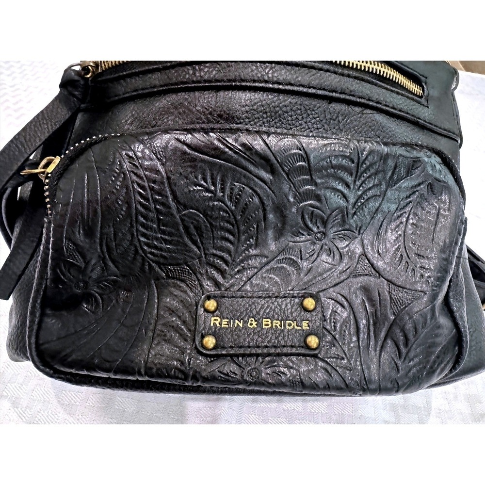 Rein & Bridle Leather Crossbody Bag Black Tooled Floral Embossed Boho Purse‎ - Picture 3 of 10